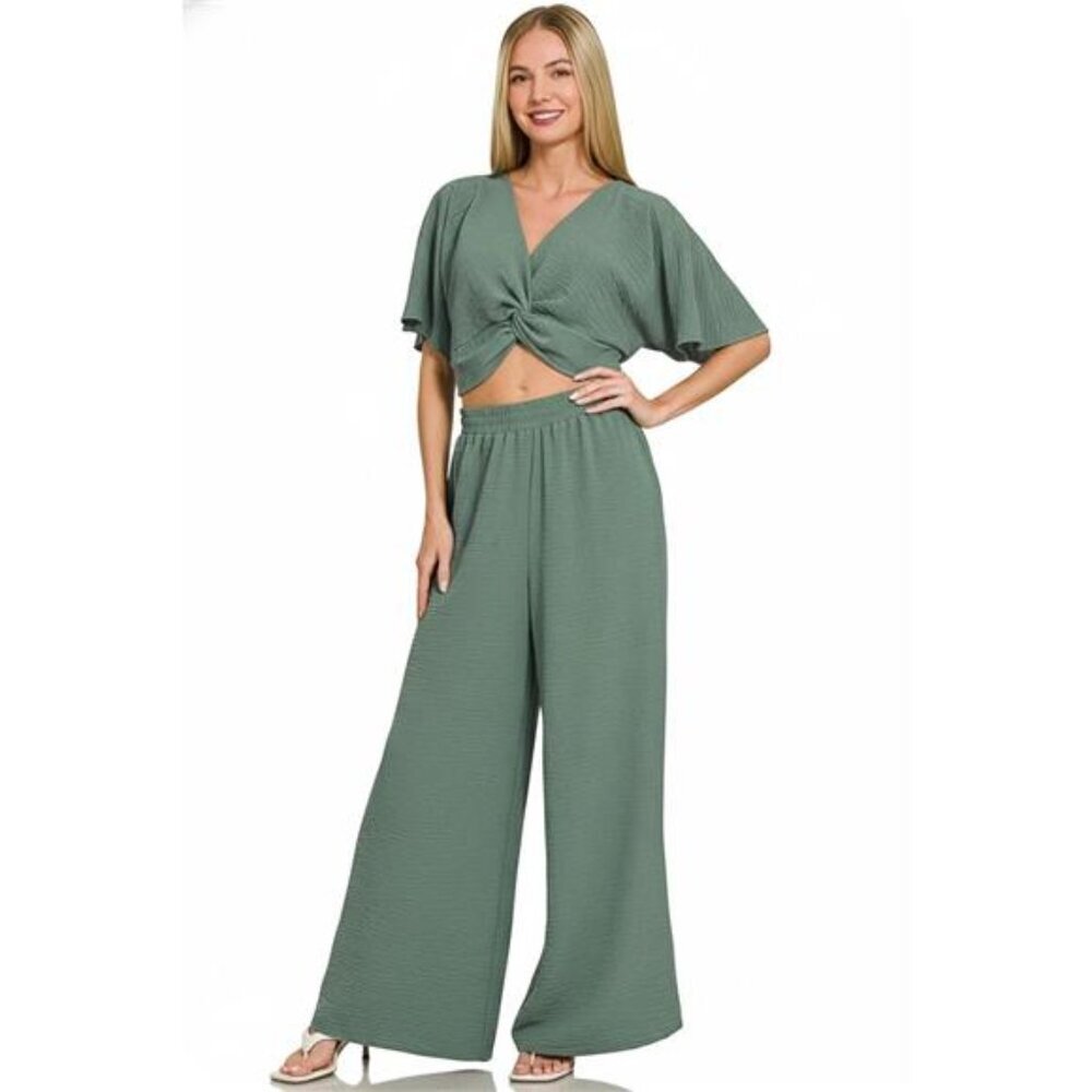 Zenana Woven Airflow Twisted Top & Wide Leg Pants Set